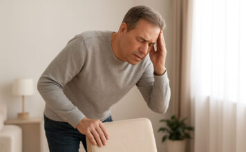 Zawroty głowy przy wstawaniu – co mogą oznaczać? Mężczyzna z zawrotami głowy opierający się o krzesło