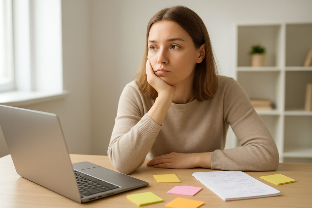 Kobieta z objawami ADHD, mnóstwo notatek, komputer, rozproszenie