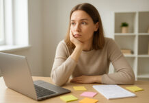 Kobieta z objawami ADHD, mnóstwo notatek, komputer, rozproszenie