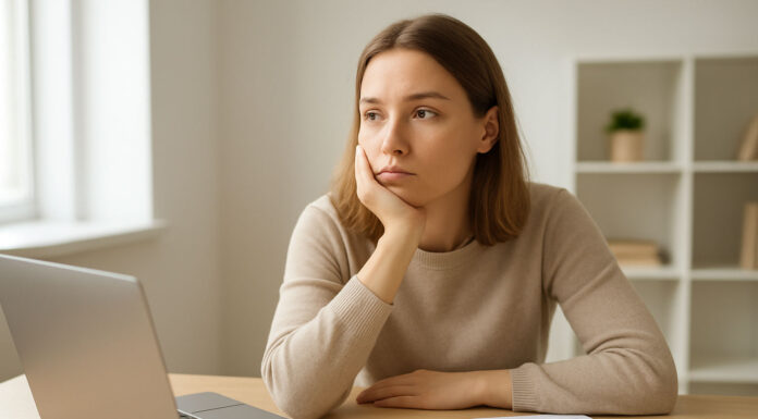 Kobieta z objawami ADHD, mnóstwo notatek, komputer, rozproszenie