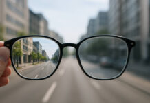 Widok przez okulary symbolizujący astygmatyzm, rozmazane kontury i kształty