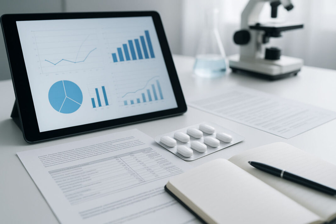 Opakowanie tabletek paracetamolu, w tle laboratorium i tablet z danymi, statystykami i raportami