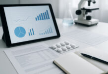 Opakowanie tabletek paracetamolu, w tle laboratorium i tablet z danymi, statystykami i raportami