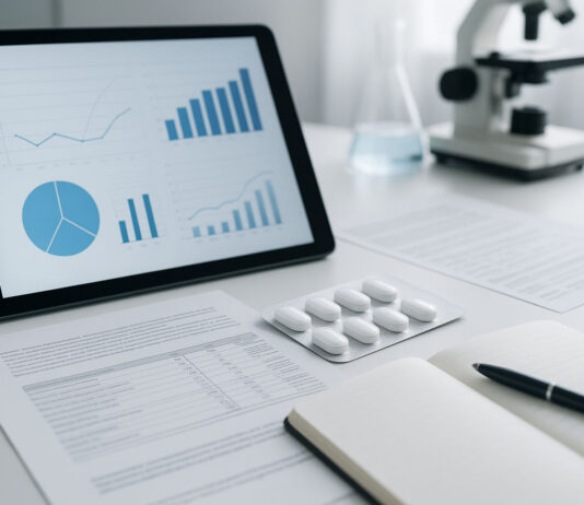 +60 Badań i statystyk o paracetamolu, które warto znać Opakowanie tabletek paracetamolu, w tle laboratorium i tablet z danymi, statystykami i raportami