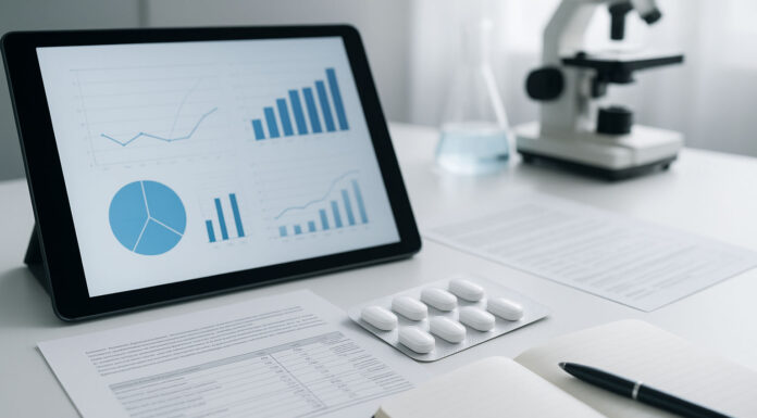 Opakowanie tabletek paracetamolu, w tle laboratorium i tablet z danymi, statystykami i raportami