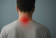 Mężczyzna tyłem, z widocznym punktem bólu w karku