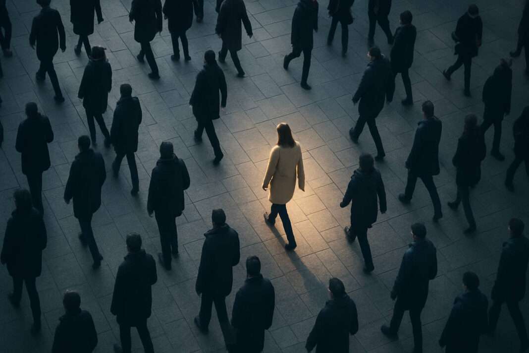 Zdjęcie tłumu z góry z podświetloną sylwetką pojedynczej osoby. Symboliczne ujęcie problemów społecznych spowodowanych przez zaburzenia psychiczne