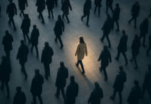 Zdjęcie tłumu z góry z podświetloną sylwetką pojedynczej osoby. Symboliczne ujęcie problemów społecznych spowodowanych przez zaburzenia psychiczne