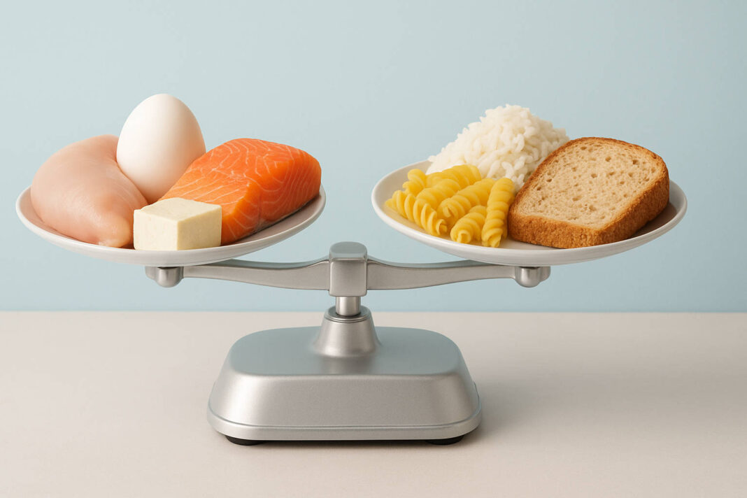 dieta-nielaczenia Waga z posiłkami zawierającymi białko po jednej, i węglowodany po drugiej