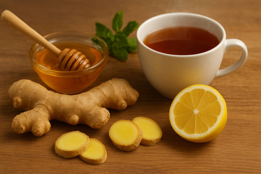 imbir-w-diecie-wlasciwosci Imbir - cały korzeń i pokrojony w plastry, obok cytryna, herbata i miód