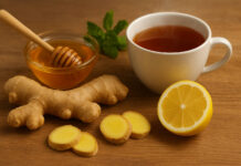 Imbir - cały korzeń i pokrojony w plastry, obok cytryna, herbata i miód