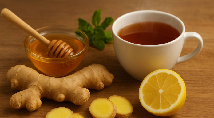 Imbir - cały korzeń i pokrojony w plastry, obok cytryna, herbata i miód