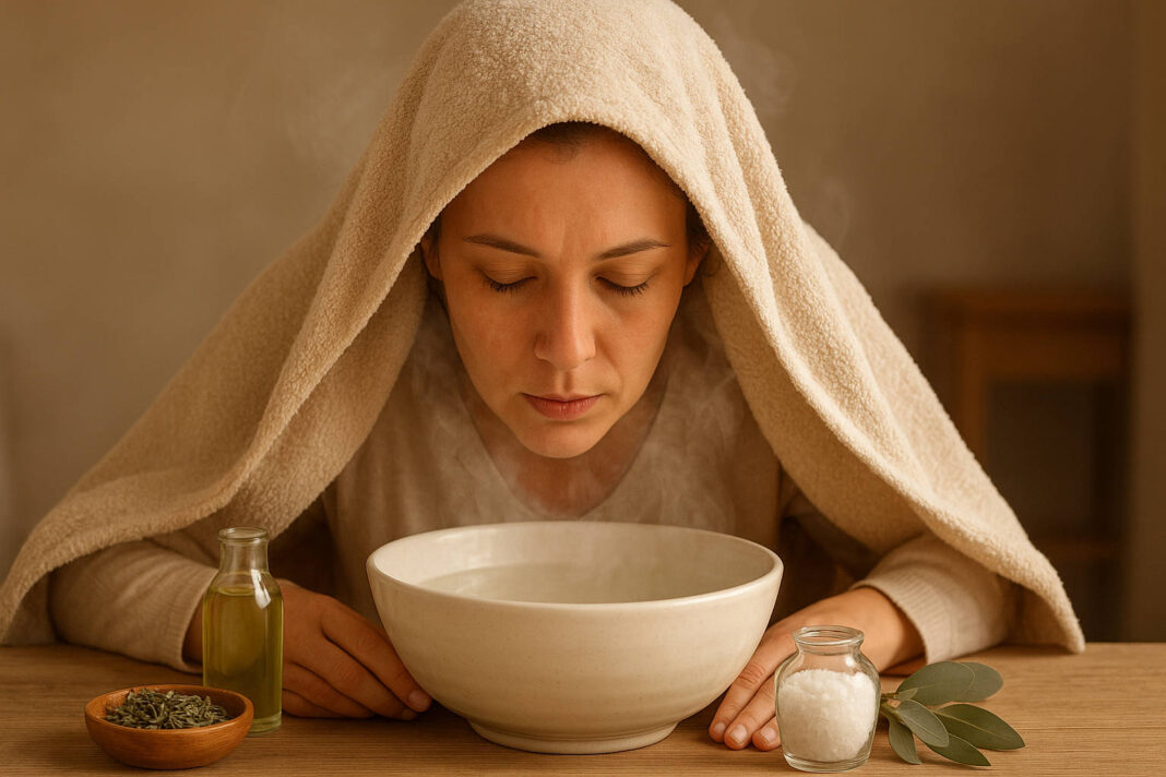 inhalacje-na-zatoki Kobieta inhalująca zatoki nad miską gorącej wody z ręcznikiem