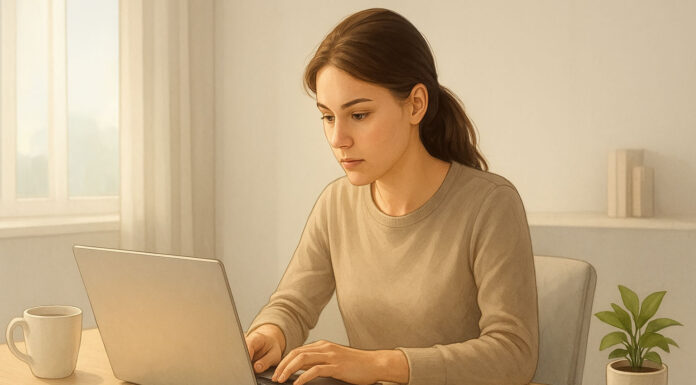 Jak poprawić koncentrację? Skuteczne metody na co dzień Ilustracja kobiety pracującej z koncentracją