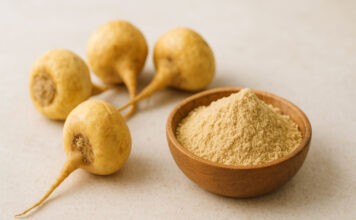 Korzeń maca – działanie, wartości odżywcze i sposoby spożycia Korzeń Maca na stole i sproszkowany w miseczce