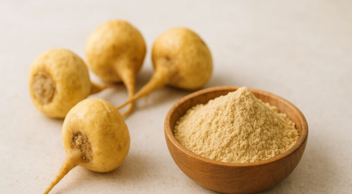 Korzeń Maca na stole i sproszkowany w miseczce