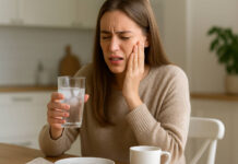 Kobieta z nadwrażliwością zębów podczas picia zimnej wody