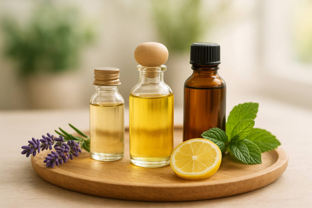 Olejki do masażu na drewnianej tacy