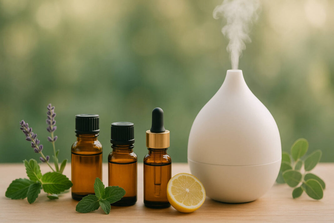 olejki-eteryczne Olejki eteryczne i dyfuzor, w tle natura