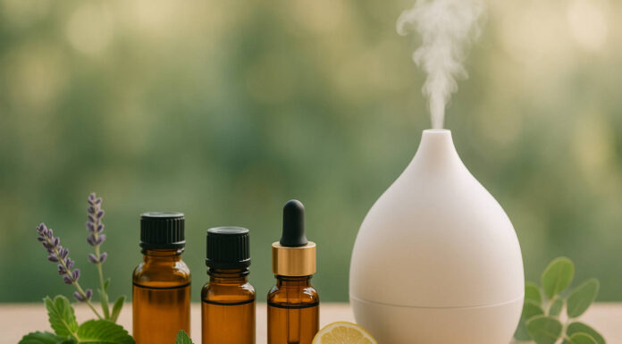 Olejki eteryczne na zdrowie: który wybrać i jak stosować Olejki eteryczne i dyfuzor, w tle natura