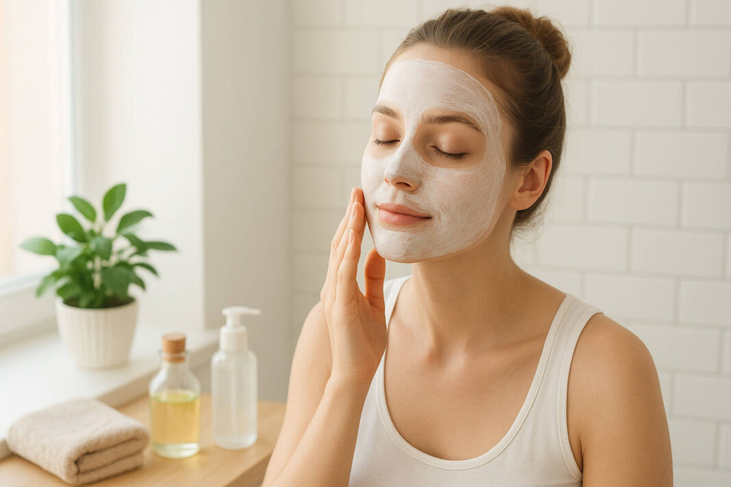 Kobieta z tłustą cerą nakładająca maseczkę