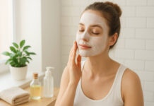Cera tłusta – jak o nią dbać, by zmniejszyć niedoskonałości Kobieta z tłustą cerą nakładająca maseczkę