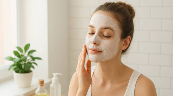 Cera tłusta – jak o nią dbać, by zmniejszyć niedoskonałości Kobieta z tłustą cerą nakładająca maseczkę
