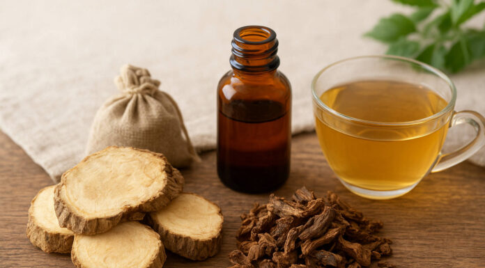 Korzeń tarczycy bajkalskiej zmielony, w plastrach i przygotowany w formie wywaru na drewnianym stole