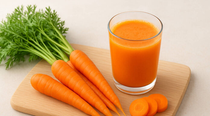 Marchewka: źródło witamin i minerałów w codziennej diecie Marchew i sok z marchewki na desce