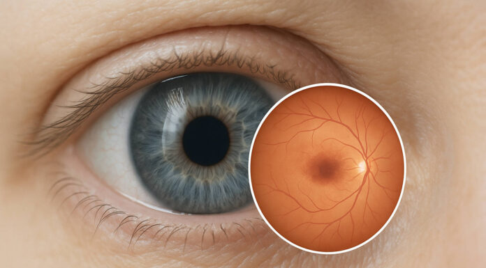 Grafika ilustrująca chorobę zwyrodnienia plamki żółtej