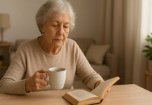 Kobieta w podeszłym wieku ćwicząca umysł czytając książkę