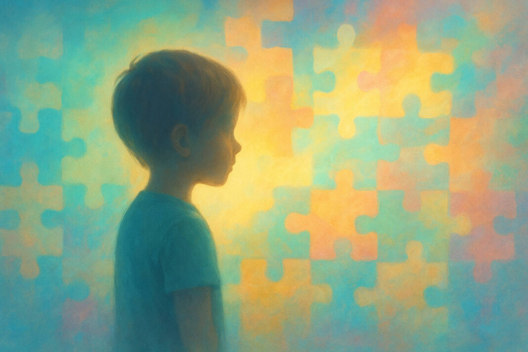 autyzm-ilustracja Ilustracja dziecka z autyzmem i kolorowe puzzle, symbolizujące zrozumienie świata widzianego inaczej