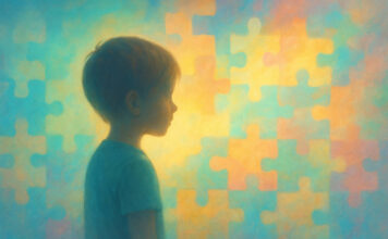 Autyzm – objawy, diagnostyka i metody wsparcia Ilustracja dziecka z autyzmem i kolorowe puzzle, symbolizujące zrozumienie świata widzianego inaczej