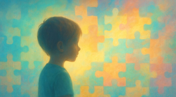 Ilustracja dziecka z autyzmem i kolorowe puzzle, symbolizujące zrozumienie świata widzianego inaczej