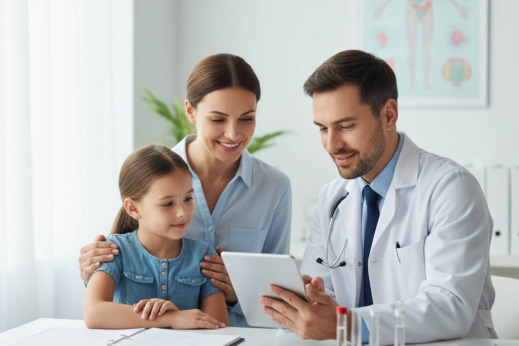 Mama z dzieckiem w gabinecie lekarza wybierająca badania immunologiczne