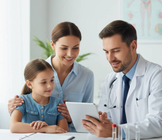 Mama z dzieckiem w gabinecie lekarza wybierająca badania immunologiczne