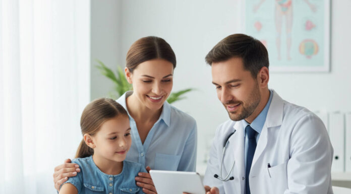 Mama z dzieckiem w gabinecie lekarza wybierająca badania immunologiczne