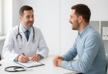 Mężczyzna podczas badań medycyny pracy, omawiający z lekarzem wyniki