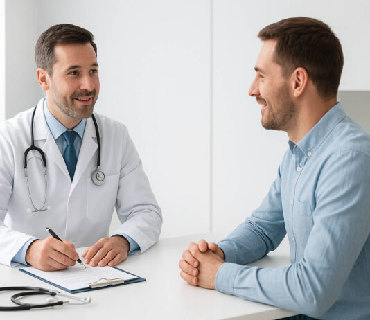 Mężczyzna podczas badań medycyny pracy, omawiający z lekarzem wyniki