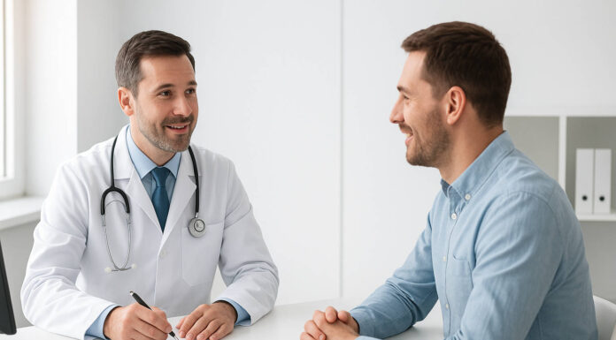 Mężczyzna podczas badań medycyny pracy, omawiający z lekarzem wyniki