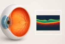 Grafika przekroju oka 3d z widoczną strukturą oka