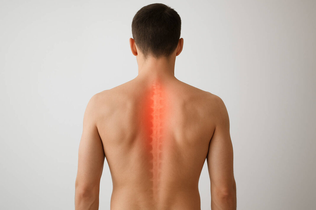 Tył mężczyzny z zaznaczonym na czerwono bólem pleców
