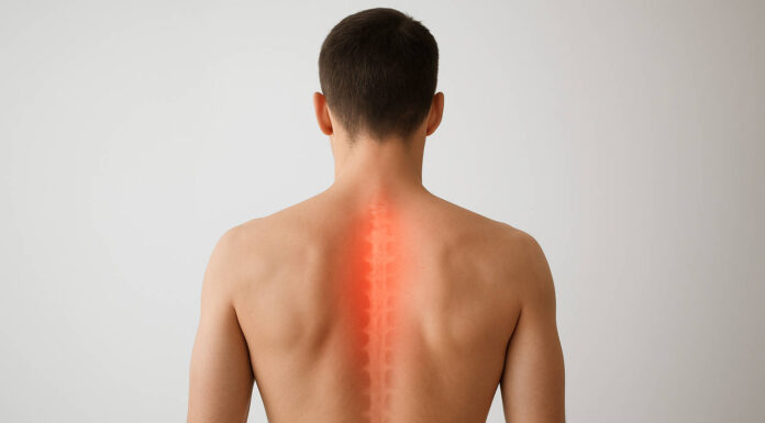 Tył mężczyzny z zaznaczonym na czerwono bólem pleców
