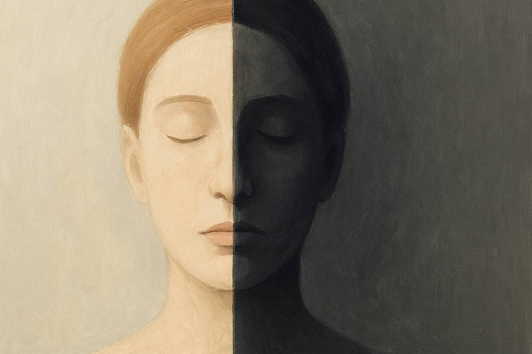 Ilustracja symbolizująca dwubiegunowość, twarz w dwóch odcieniach