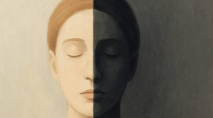 Choroba afektywna dwubiegunowa – przyczyny i leczenie Ilustracja symbolizująca dwubiegunowość, twarz w dwóch odcieniach