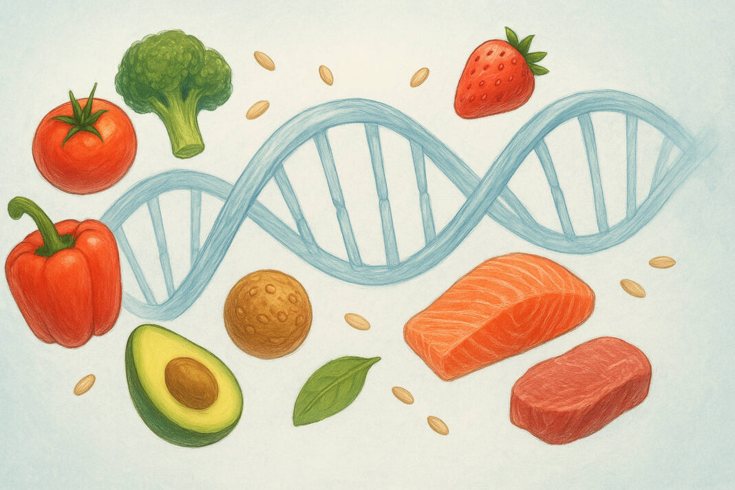 dieta-wg-grup-krwi Ilustracja przedstawiająca DNA i różne produkty, symbolizujące dietę wg grup krwi
