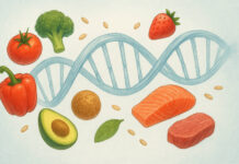 Ilustracja przedstawiająca DNA i różne produkty, symbolizujące dietę wg grup krwi