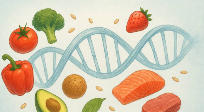 Ilustracja przedstawiająca DNA i różne produkty, symbolizujące dietę wg grup krwi
