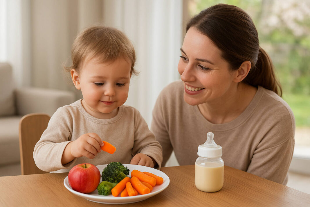 fenyloketonuria Kobieta troszcząca się o dziecko, na stole produkty polecane przy fenyloketonurii