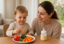 Fenyloketonuria – choroba metaboliczna u dzieci Kobieta troszcząca się o dziecko, na stole produkty polecane przy fenyloketonurii